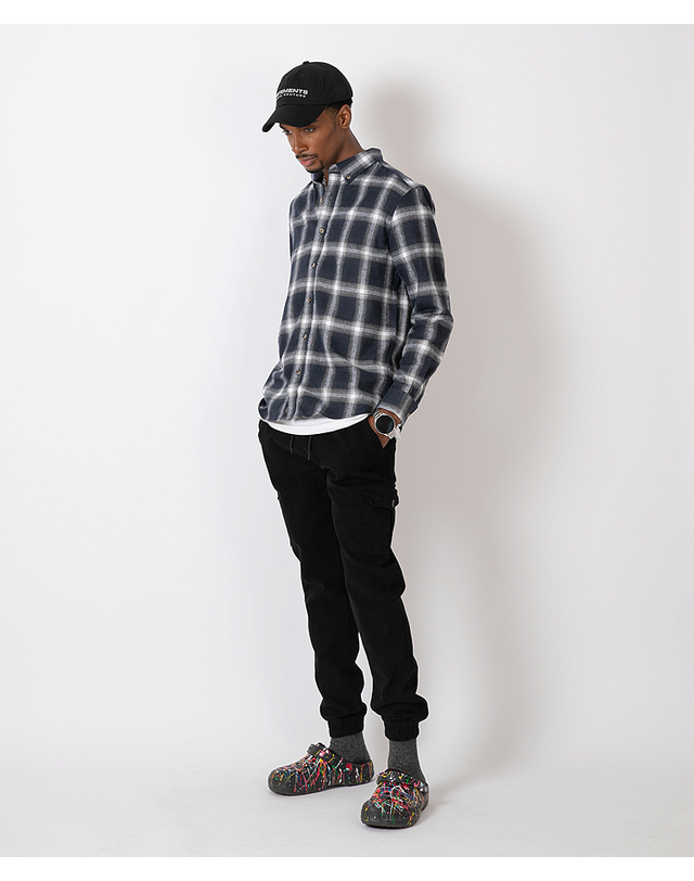 스트라이크 드롭 숄더 체크 셔츠 Drop Shoulder Check Shirt (NAVY_WHITE) 착용컷