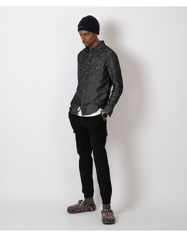 스트라이크 드롭 숄더 스플래터 웨스턴 셔츠 Drop Shoulder Splatter Western Shirt (BLACK) 착용컷