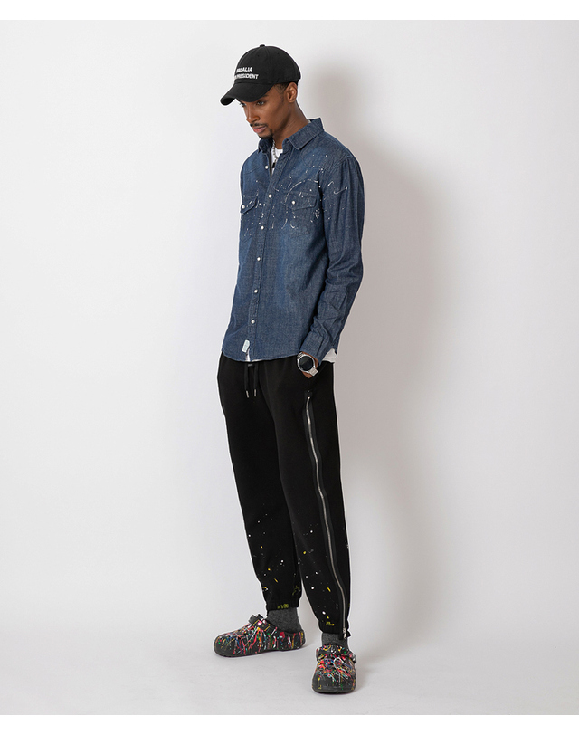 스트라이크 드롭 숄더 스플래터 웨스턴 셔츠 Drop Shoulder Splatter Western Shirt (DARK DENIM) 착용컷