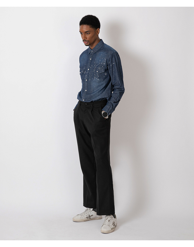스트라이크 드롭 숄더 스플래터 웨스턴 셔츠 Drop Shoulder Splatter Western Shirt (DARK DENIM) 착용컷