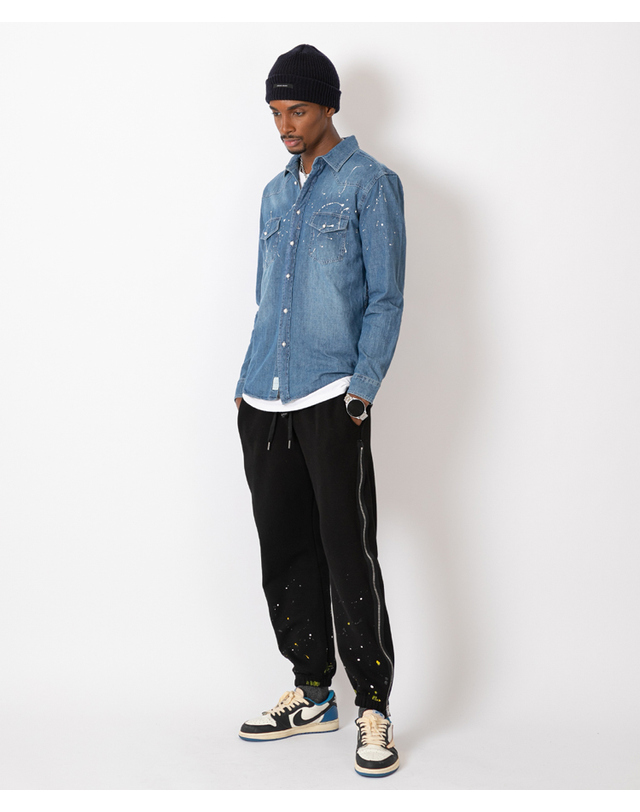 스트라이크 드롭 숄더 스플래터 웨스턴 셔츠 Drop Shoulder Splatter Western Shirt (DENIM) 착용컷