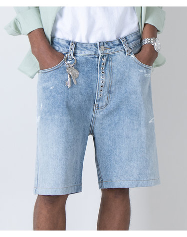 Light Wash Eyelet Painted Denim Shorts (RELAX)