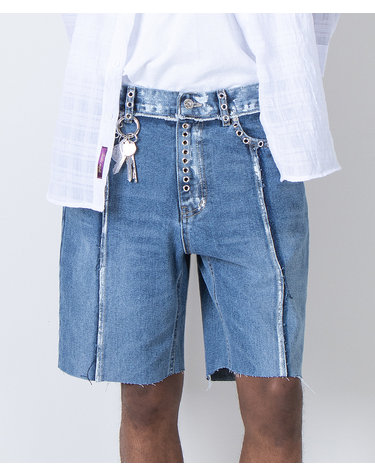 Vintage Mid Wash Seamline Eyelet Denim Shorts (RELAX)