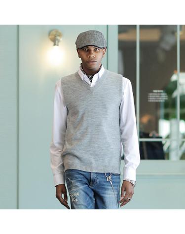 Wool V neck Knit Vest (GRAY)