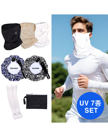 [무배특가]PGA 투어 UV 7종세트 쿨링 마스크 4개+팔토시 1쌍+얼음주머니+메쉬 파우치