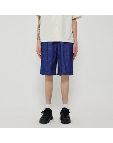 PLEATS LINEN DENIM SHORTS_BLUE