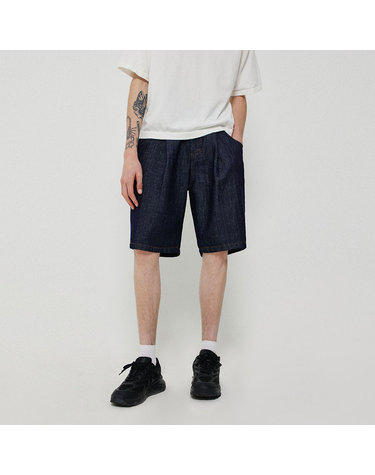 PLEATS LINEN DENIM SHORTS_INDIGO