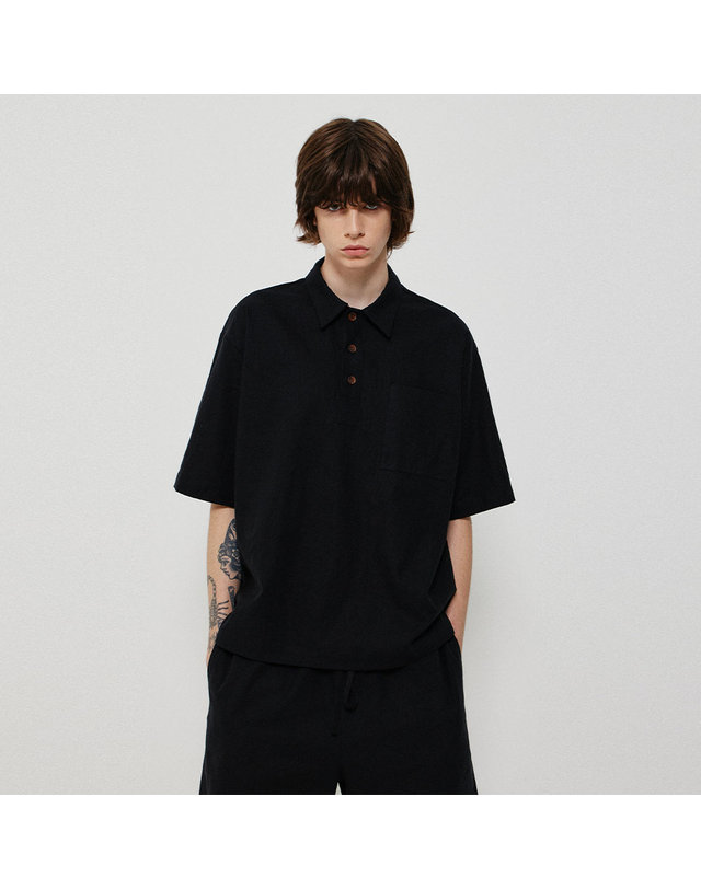 씨오큐 WASHED LINEN COLLAR SHIRT_BLACK 착용컷