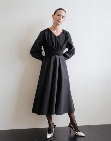 Black Jacquard Tie Waist Dress