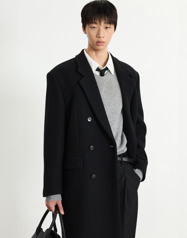 Heavy Wool Tailored Double-breasted Coat (Black)