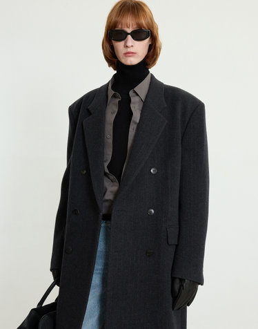 Pin-stripe Tailored Double-breasted Coat (Gray)