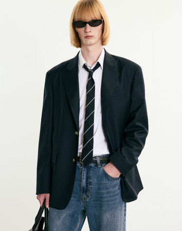 FrayBoy Wool Blend Gold Button Blazer (Navy)