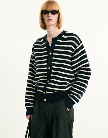 Chunky Wool Blended Knit Cardigan (Navy Stripe)