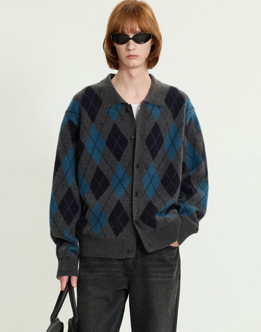 Argyle Wool Blended Polo Cardigan (Dark Grey)