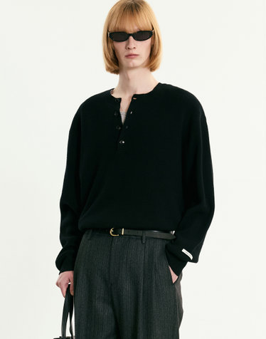 Ribbed Oversized Henley-neck Knit (Black)