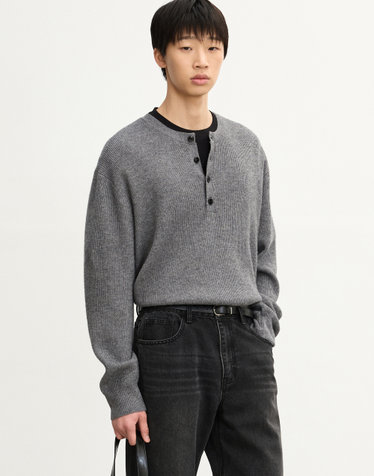 Ribbed Oversized Henley-neck Knit (Grey)