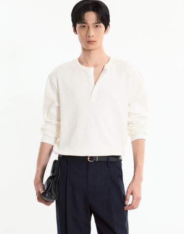 Ribbed Henley-neck T-shirt (Cream)