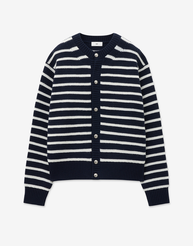 티엔지티 Chunky Wool Blended Knit Cardigan (Navy Stripe) 네이비 착용컷