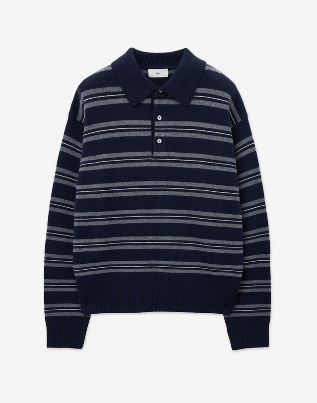 티엔지티 Stripe Oversized Polo Knit (Navy) 네이비 착용컷