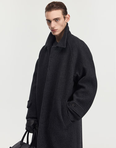 Virgin Wool Herringbone Balmacaan Coat (Dark Grey)