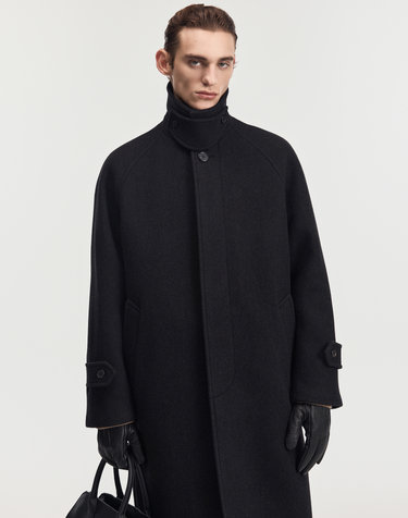 Virgin Wool Herringbone Balmacaan Coat (Dark Brown)