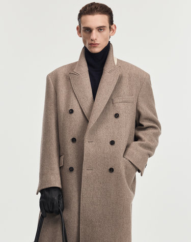 Herringbone Tailored Double-Breasted Coat (Greyish Beige)