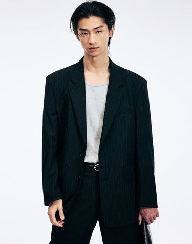 Pinstripe Structured Single-Breasted Jacket (Black)