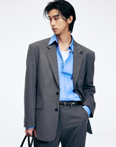 Pinstripe Structured Single-Breasted Jacket (Grey)