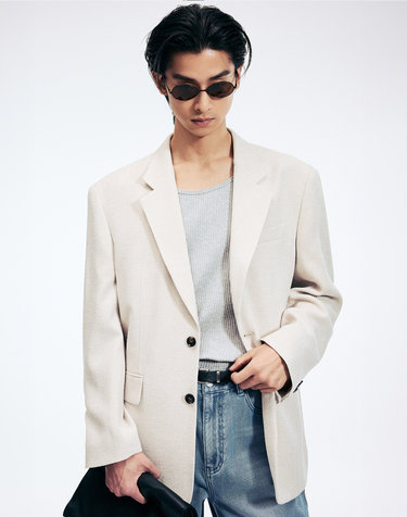 Oversized Tweed Single-Breasted Jacket (Cream)