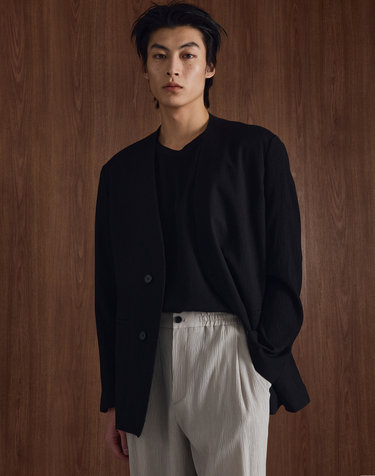 Kinoshita Seersucker Collarless Jacket (Black)
