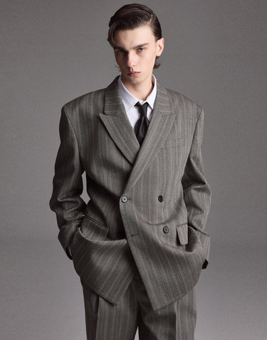 Herringbone Double-Breasted Wool Jacket (Grey)