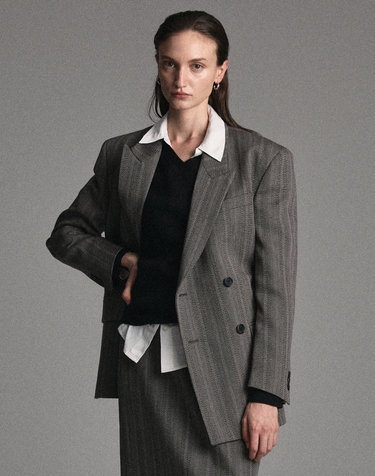 [W] Herringbone Double Breasted Wool Jacket (Grey)