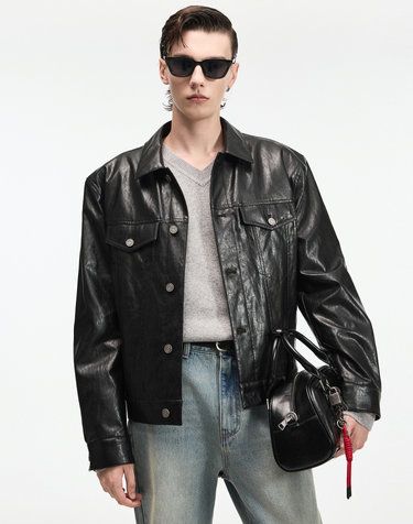 Faux Leather Trucker Jacket (Washed Black)