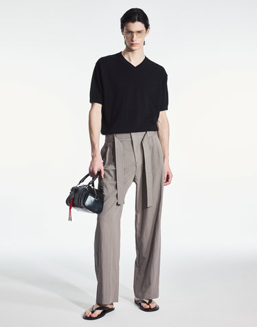 Viscose Blend Wide-Fit Belted Pants (Khaki)
