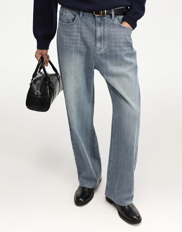 Textured Wide-Leg Denim Pants (Washed Blue)