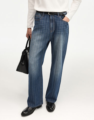 Textured Wide-Leg Denim Pants (Washed Indigo)