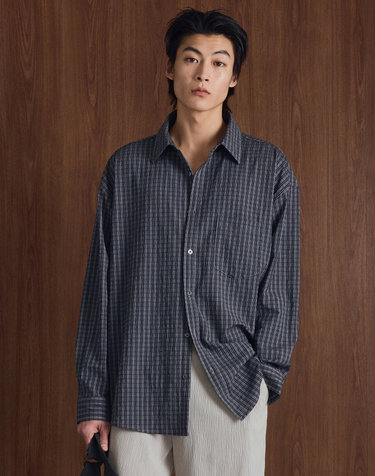 Kinoshita Seersucker Check Shirt (Navy)
