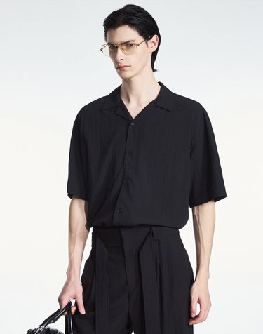 Wrinkled Open Collar Shirt (Black)