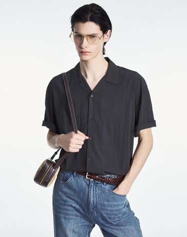 Wrinkled Open Collar Shirt (Greyish Khaki)