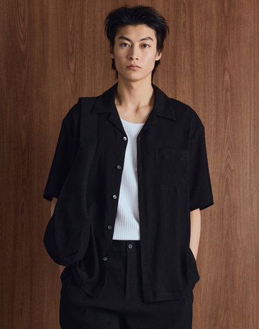 Kinoshita Seersucker Open Collar Shirt (Black)