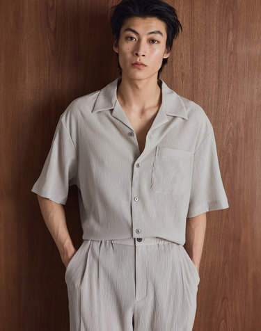 Kinoshita Seersucker Open Collar Shirt (Light Beige)