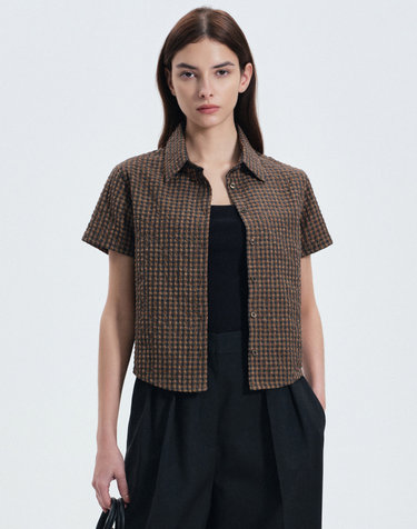 (W) Seersucker Micro Check Shirt (Brown)