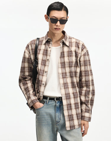 Vintage Frayed Check Overshirt (Brown)