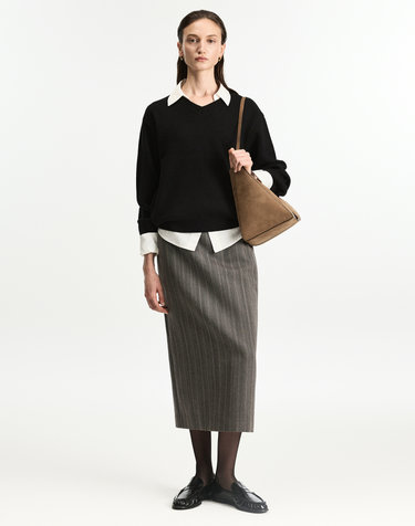 Wool Herringbone Maxi Skirt (Grey)