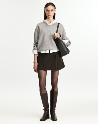 Wool Herringbone Wrap Skirt (Brown)