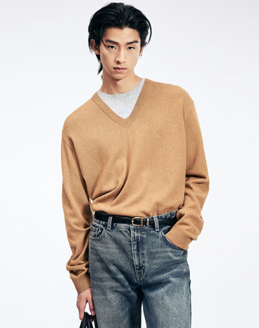 티엔지티 Layered V-Neck Knit Top (Pumpkin Beige)