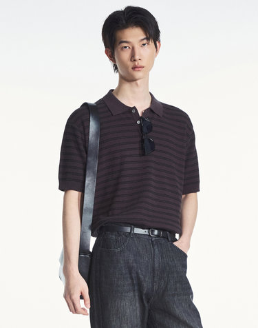 Striped Polo Washable Knit (Greyish Brown)