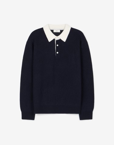 Cashmere-Blend Oversized Rugby Polo Knit (Dark Navy)