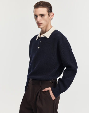 Cashmere-Blend Oversized Rugby Polo Knit (Midnight Black)