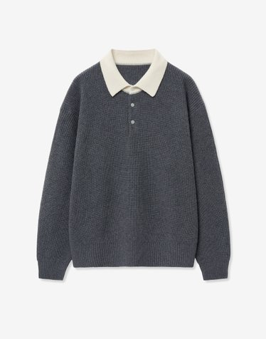 Cashmere-Blend Oversized Rugby Polo Knit (Grey)